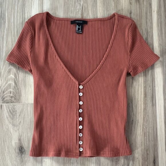 Forever 21 Tops - BNWOT Orange Vneck Womens Ribbed Button Down Crop Top Blouse Shirt Forever 21 sm